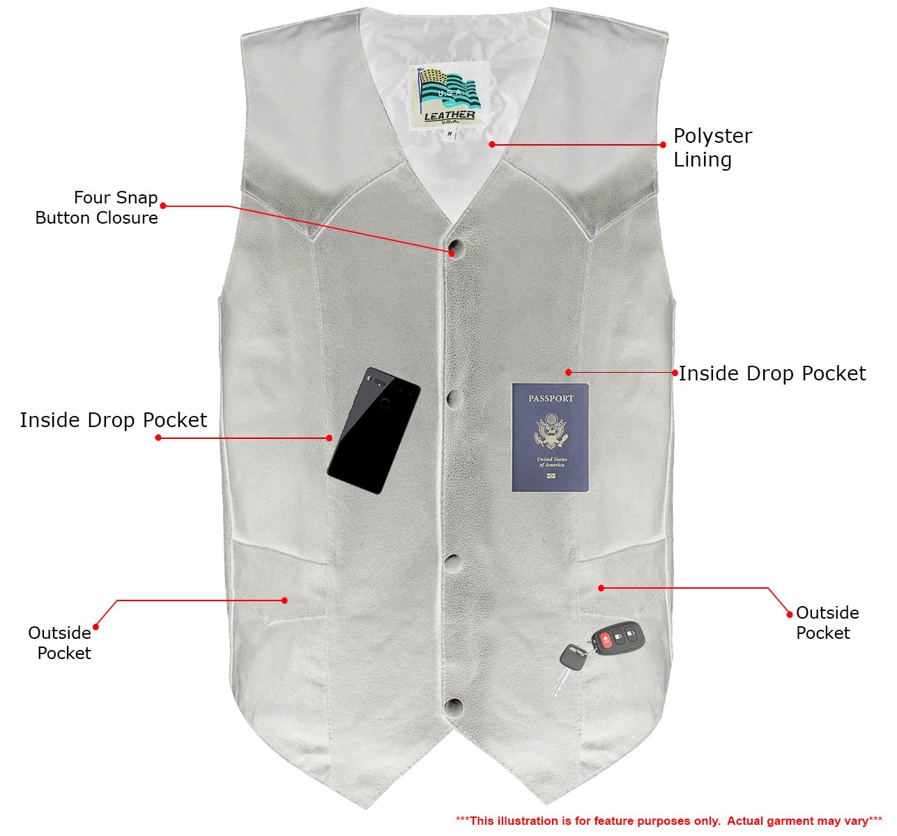 USA Leather 1201 Men's Black 'Club' Classic Original Leather Vest