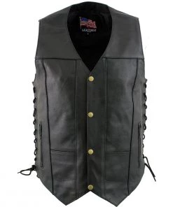 Motorcycle Vests USA Leather 1204 Men's Black'Dime' Classic Leather Ten Pocket Vest With Side Laces