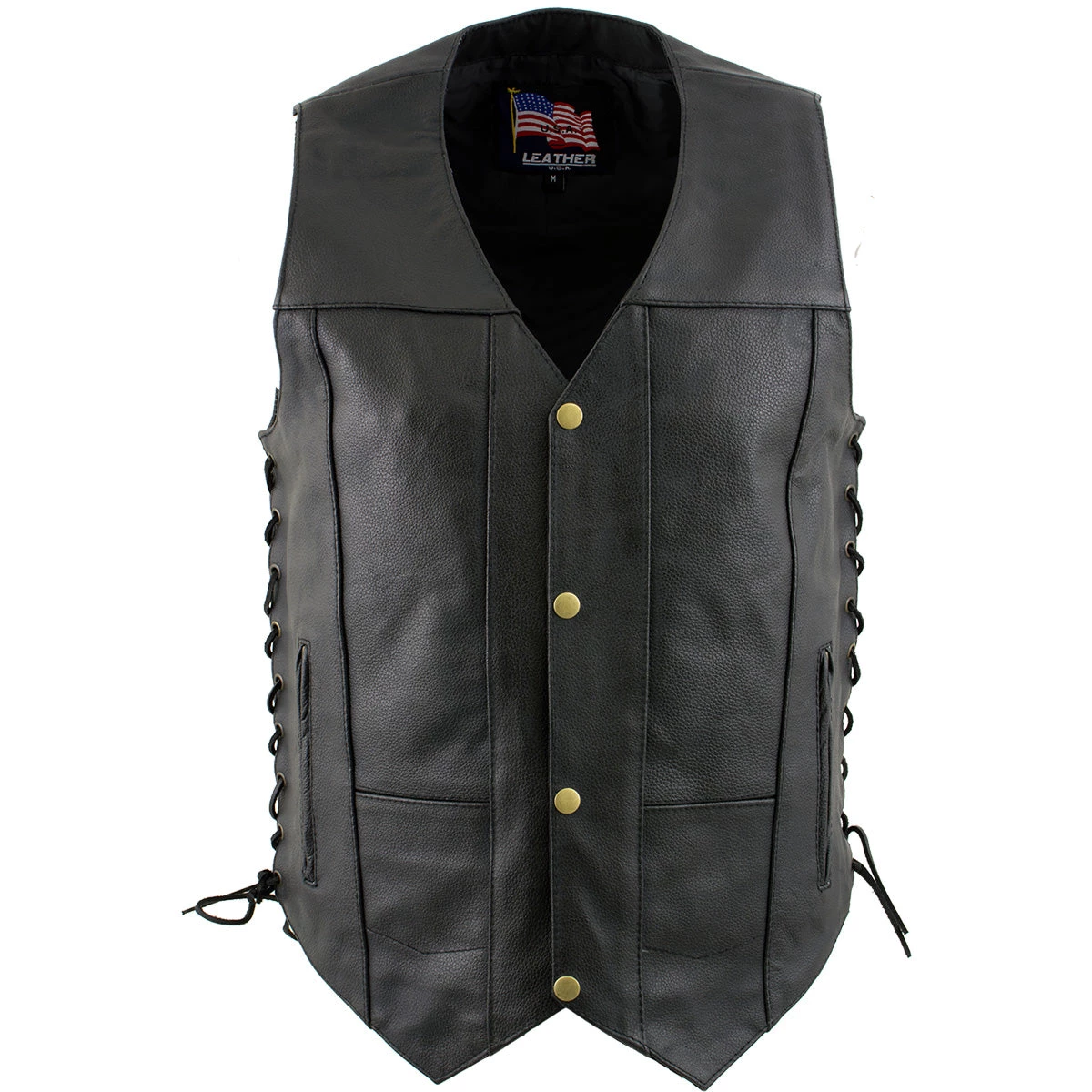 Motorcycle Vests USA Leather 1204 Men's Black 'Dime' Classic Leather Ten Pocket Vest With Side Laces