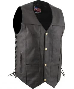 Motorcycle Vests USA Leather 1204 Men's Black 'Dime' Classic Leather Ten Pocket Vest With Side Laces