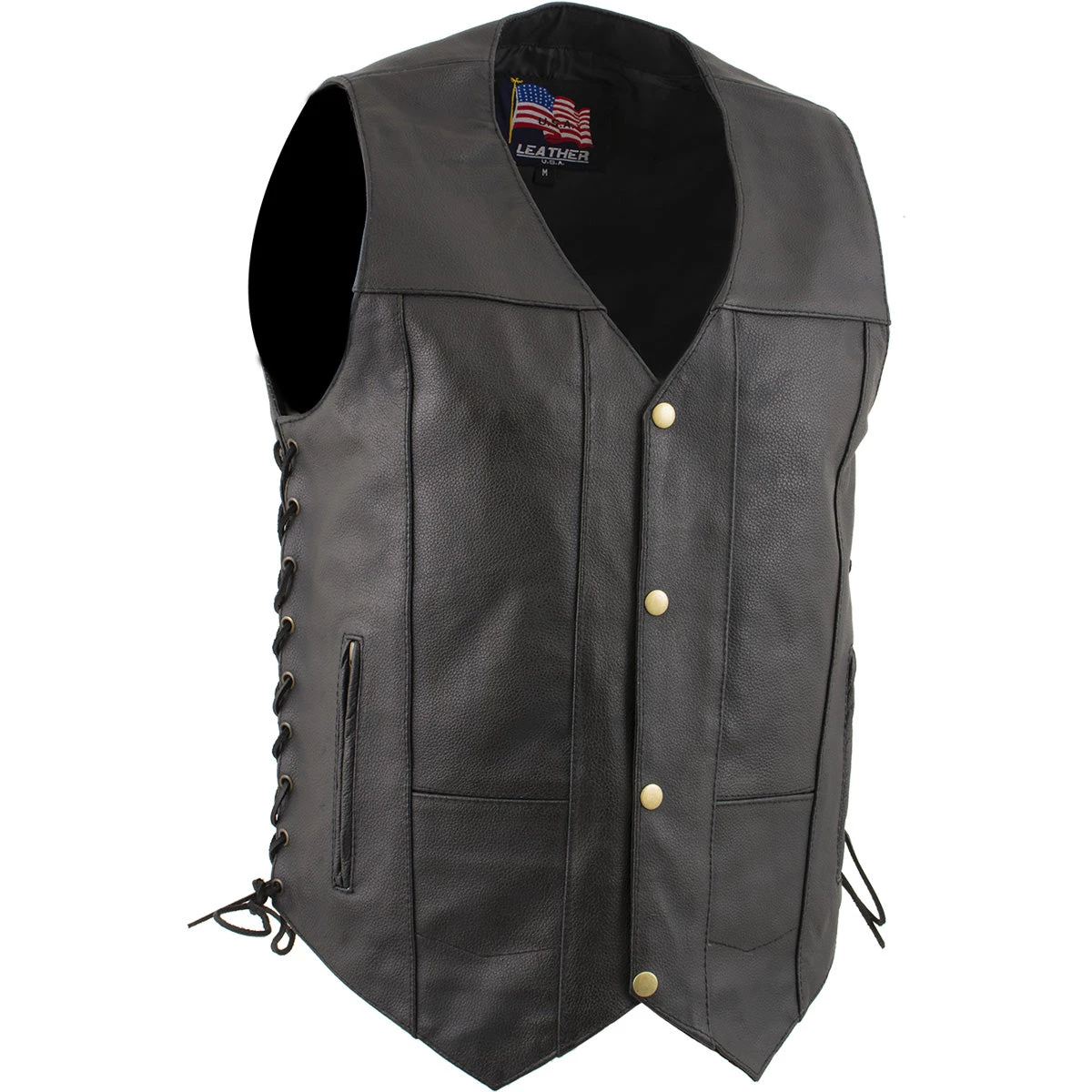 Motorcycle Vests USA Leather 1204 Men's Black 'Dime' Classic Leather Ten Pocket Vest With Side Laces