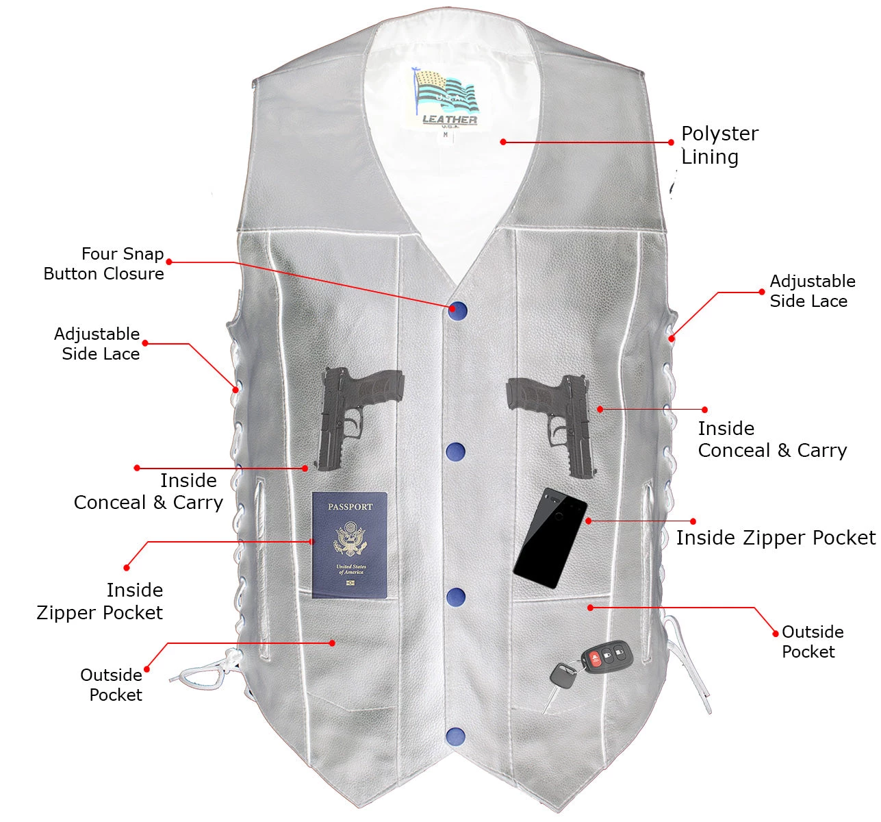 Motorcycle Vests USA Leather 1204 Men's Black 'Dime' Classic Leather Ten Pocket Vest With Side Laces