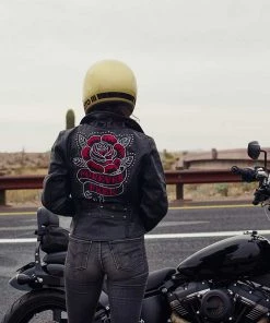 Hot Leathers JKL2001 Ladies Black Braided Motorcycle Leather Jacket With Embroidered Bling Rose Design