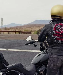 Hot Leathers JKL2001 Ladies Black Braided Motorcycle Leather Jacket With Embroidered Bling Rose Design