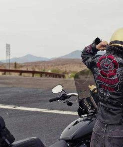 Hot Leathers JKL2001 Ladies Black Braided Motorcycle Leather Jacket With Embroidered Bling Rose Design