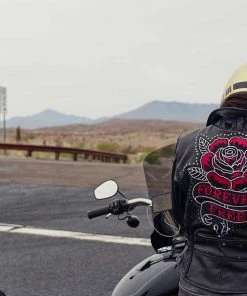 Hot Leathers JKL2001 Ladies Black Braided Motorcycle Leather Jacket With Embroidered Bling Rose Design