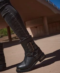 Milwaukee Leather MBL9399 Women's 9 Inch Black Triple Buckle Leather Harness Boots With Side Zipper Entry