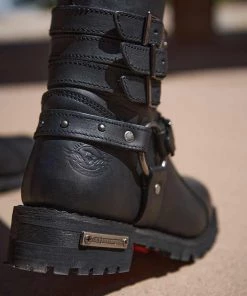 Milwaukee Leather MBL9399 Women's 9 Inch Black Triple Buckle Leather Harness Boots With Side Zipper Entry