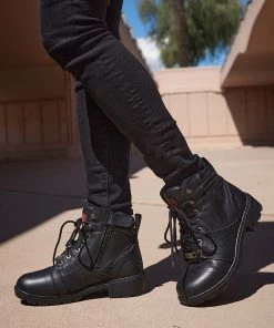 Milwaukee Leather MBL9399 Women's 9 Inch Black Triple Buckle Leather Harness Boots With Side Zipper Entry