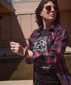 Motorcycle Jackets NexGen MNG21604 Women's Black And Pink Long Sleeve Flannel Shirt