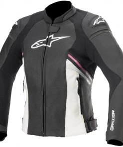 Leather Motorcycle Jackets Alpinestars Women’s Stella GP Plus R V3 Airflow Black, White And Fuchsia Leather Jacket