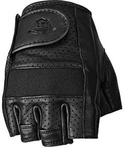 Highway 21 Half Jab Perforated Men's Black Leather Fingerless Gloves Riding Gear