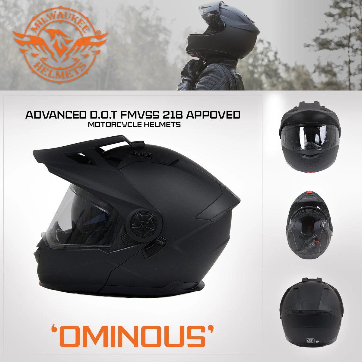 Milwaukee Helmets MPH9820DOT Flat Black 'Ominous' Dual Sport Advanced Motorcycle Modular Helmet