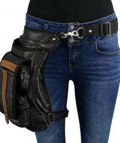 Milwaukee Leather MP8897 Black And Tan Conceal And Carry Leather Thigh Bag With Waist Belt Riding Gear
