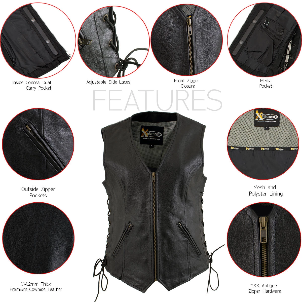 Xelement B277 Women's 'Mistress' Black Leather Side Lace Motorcycle Vest