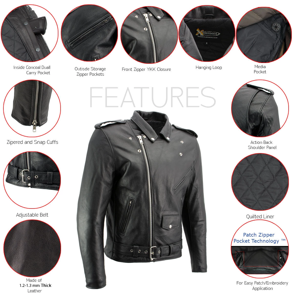 Xelement B7100 Men's 'Classic' Black TOP GRADE Leather Motorcycle Biker Jacket Leather Motorcycle Jackets