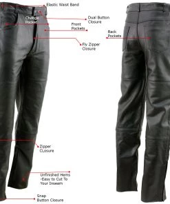 Xelement B7470 Men's Black Premium Leather Motorcycle Overpants With Side Zipper And Snaps