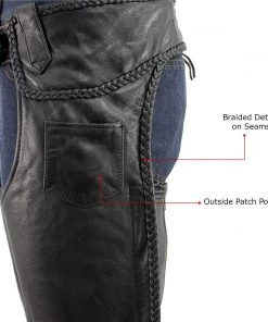 Xelement B7555 Men's Black Classic'Braided' Elastic Fit Leather Chaps