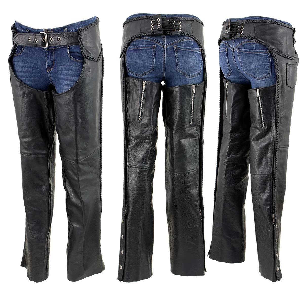 Xelement B7556 Women's Black 'Braided' Zippered Leather Chaps