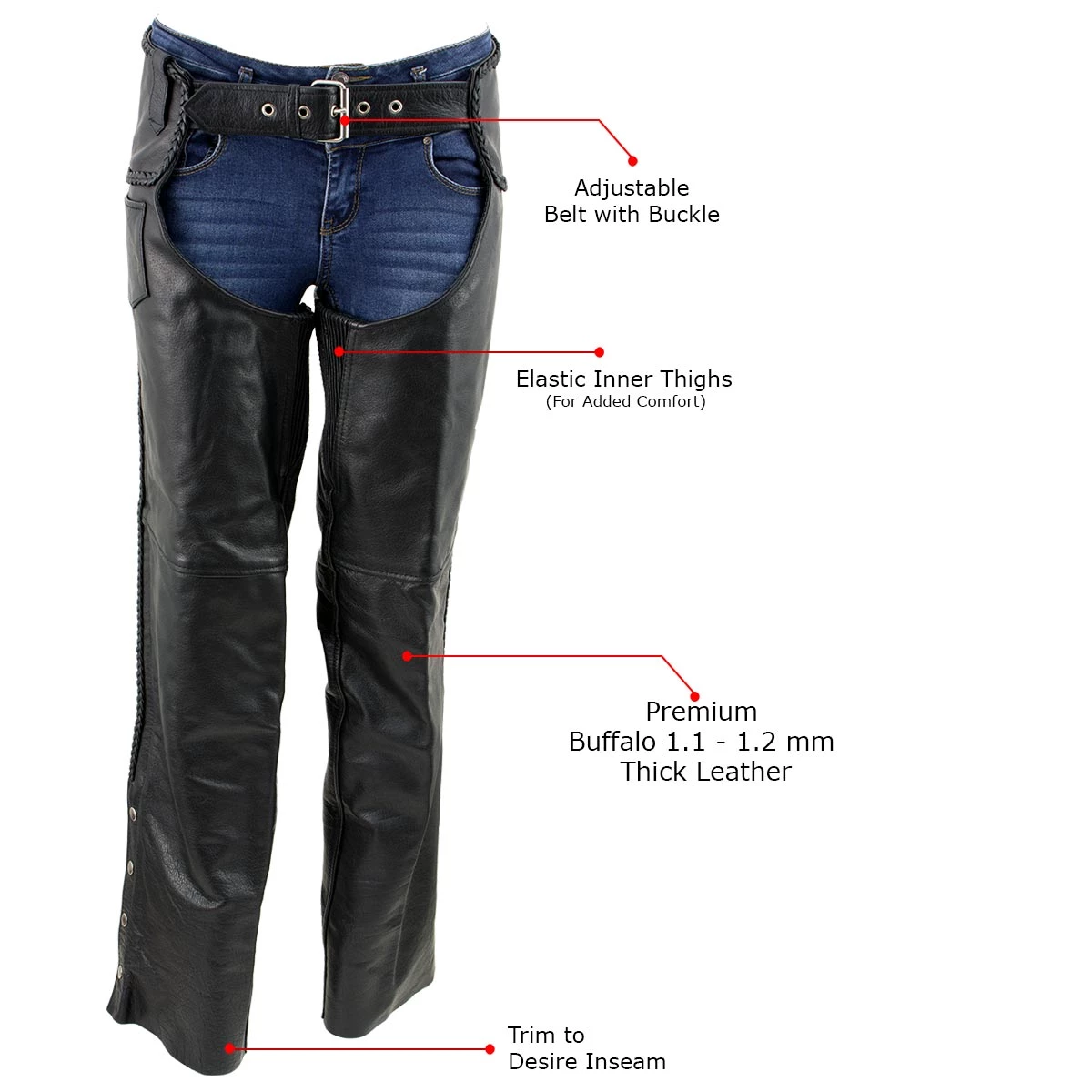 Xelement B7556 Women's Black 'Braided' Zippered Leather Chaps