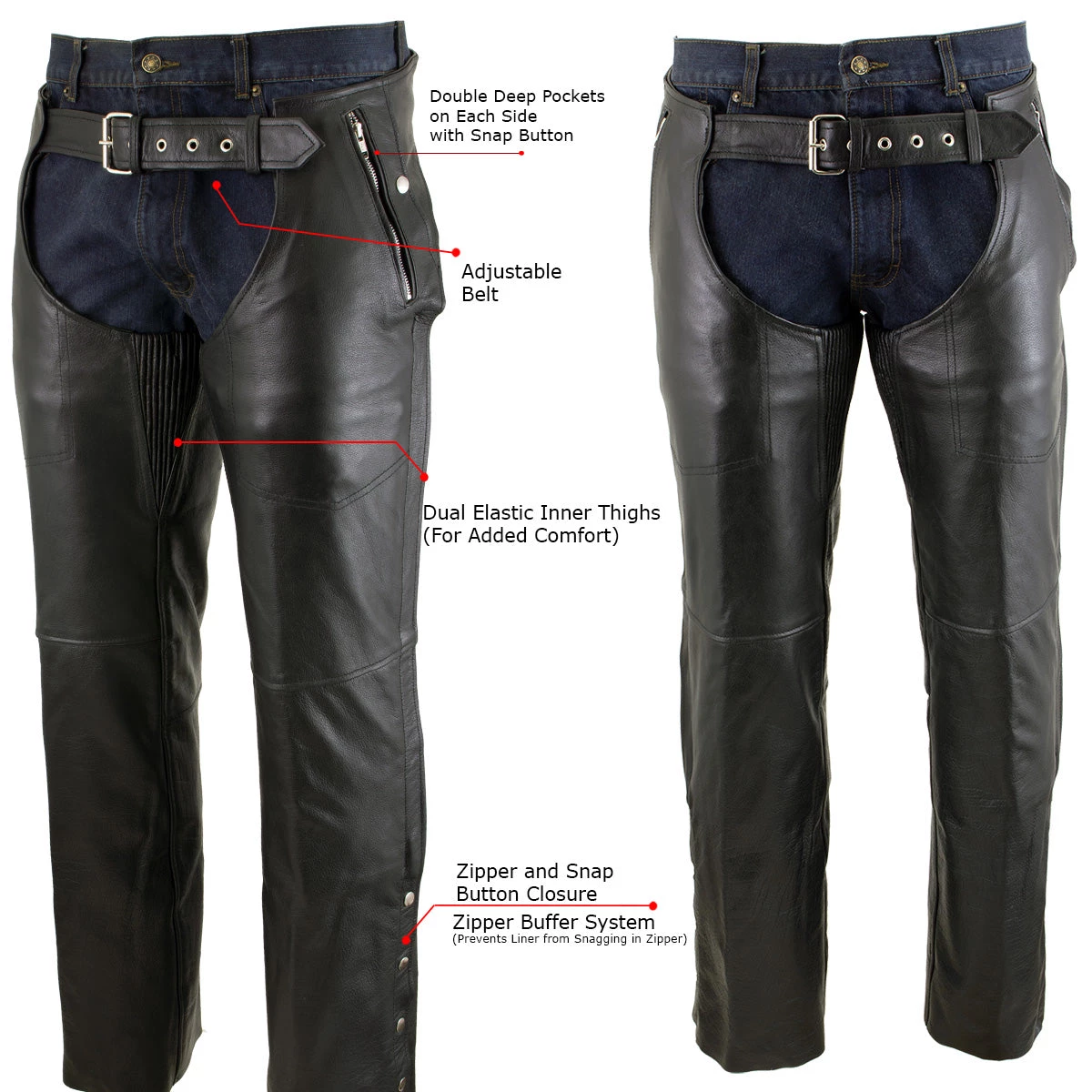 Xelement B7561 Men's Black Leather Chaps With Removable Insulating Liner Motorcycle Pants & Chaps