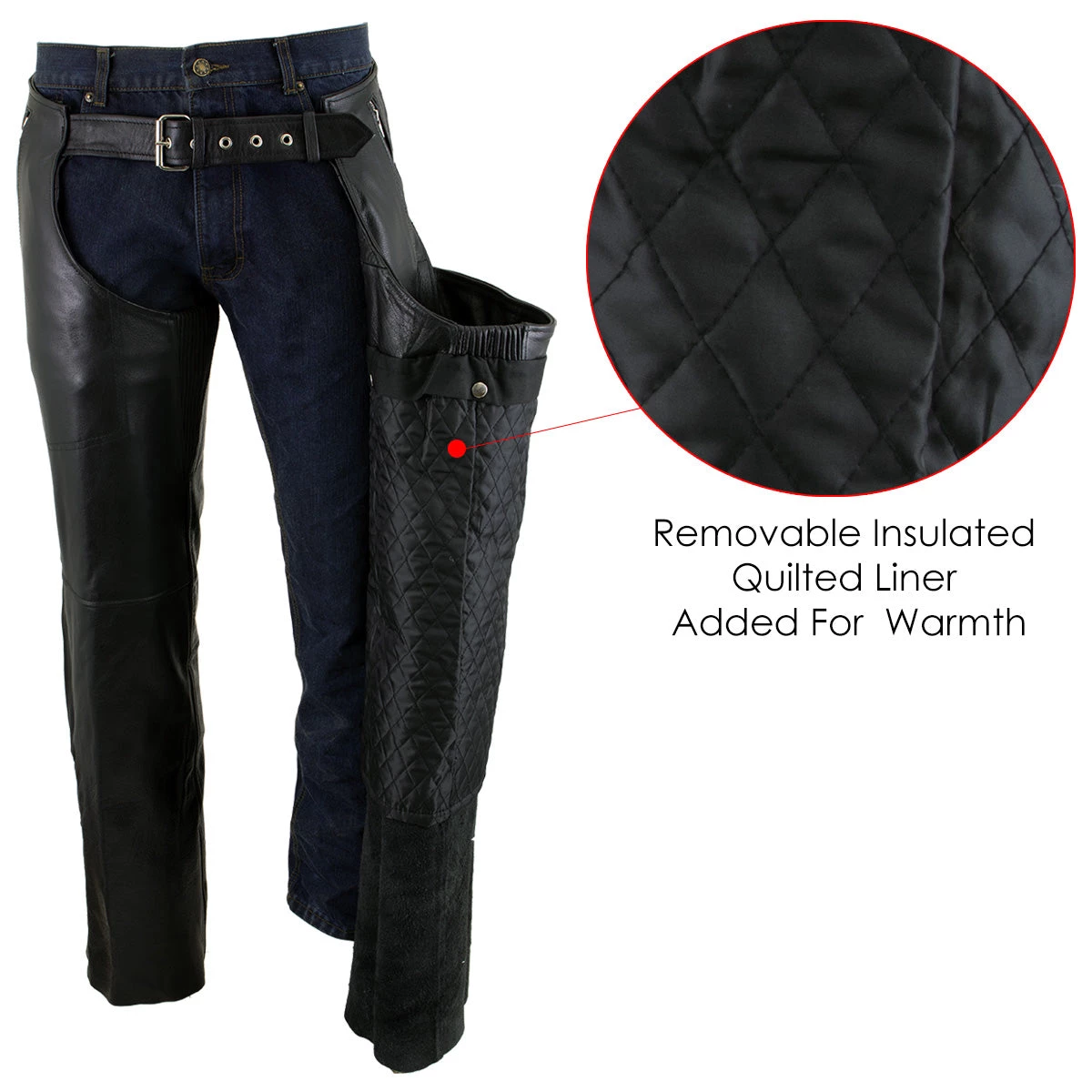 Xelement B7561 Men's Black Leather Chaps With Removable Insulating Liner Motorcycle Pants & Chaps