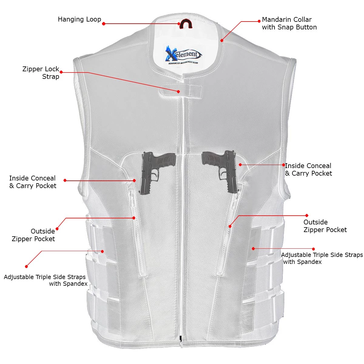 Xelement B95080 Men's ‘Creeper' Black Advanced Triple Strap Design Leather Motorcycle Vest