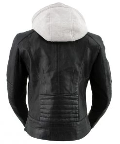 Xelement B91044 Women's ‘Quilt’ Black Leather Racer Style Scuba Jacket With Hoodie