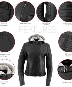 Xelement B91044 Women's ‘Quilt’ Black Leather Racer Style Scuba Jacket With Hoodie