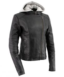 Xelement B91044 Women's ‘Quilt’ Black Leather Racer Style Scuba Jacket With Hoodie