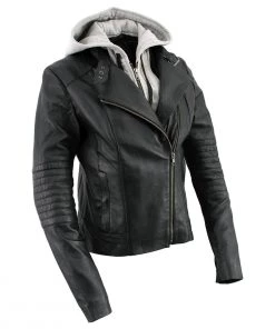 Xelement B91044 Women's ‘Quilt’ Black Leather Racer Style Scuba Jacket With Hoodie