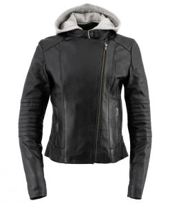 Xelement B91044 Women's ‘Quilt’ Black Leather Racer Style Scuba Jacket With Hoodie