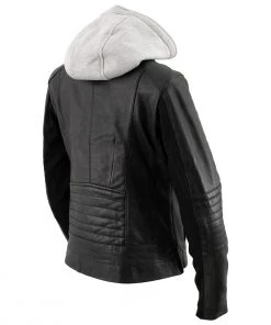 Xelement B91044 Women's ‘Quilt’ Black Leather Racer Style Scuba Jacket With Hoodie