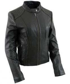 Xelement B91055 Women's ‘Keeper’ Black Leather Scuba Style Jacket With Snap Mandarin Collar