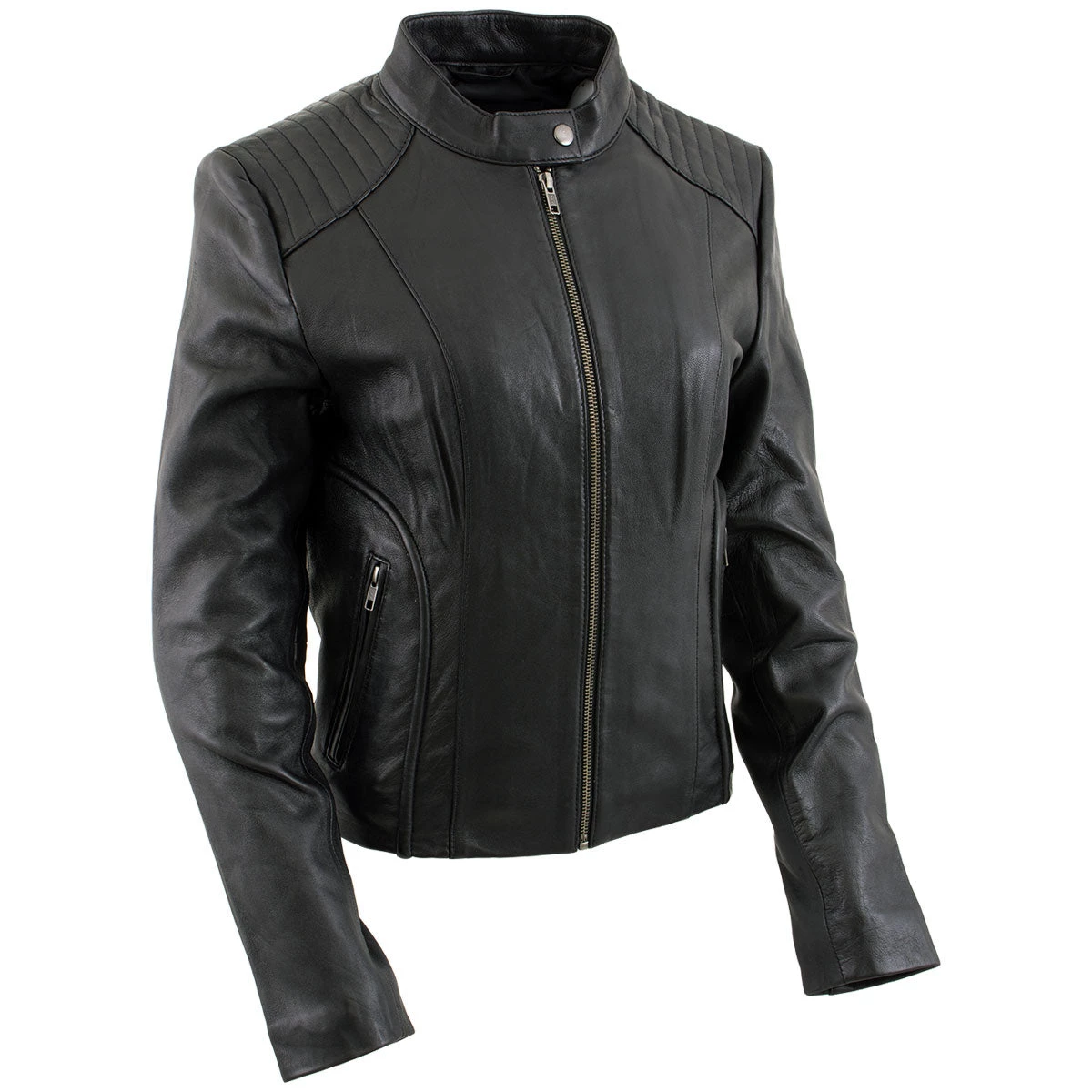 Xelement B91055 Women's ‘Keeper’ Black Leather Scuba Style Jacket With Snap Mandarin Collar