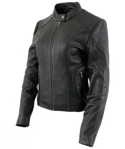 Xelement B91055 Women's ‘Keeper’ Black Leather Scuba Style Jacket With Snap Mandarin Collar