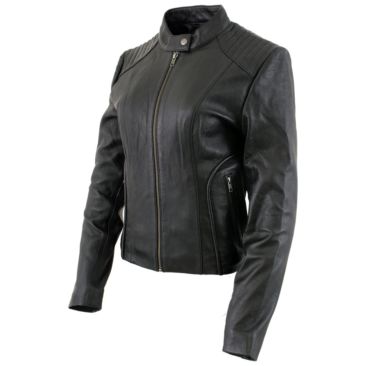 Xelement B91055 Women's ‘Keeper’ Black Leather Scuba Style Jacket With Snap Mandarin Collar