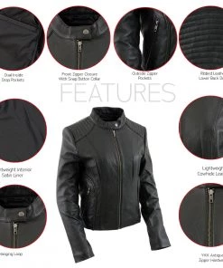 Xelement B91055 Women's ‘Keeper’ Black Leather Scuba Style Jacket With Snap Mandarin Collar