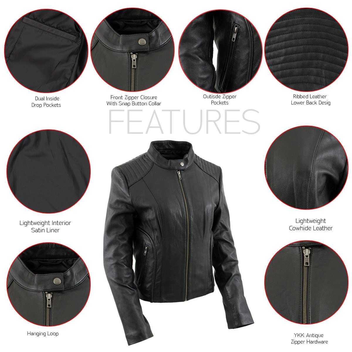 Xelement B91055 Women's ‘Keeper’ Black Leather Scuba Style Jacket With Snap Mandarin Collar