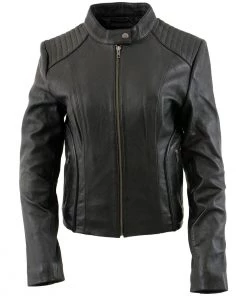 Xelement B91055 Women's ‘Keeper’ Black Leather Scuba Style Jacket With Snap Mandarin Collar