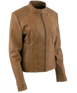 Xelement B91058 Women's ‘Keeper’Cognac Leather Scuba Style Jacket With Snap Mandarin Collar