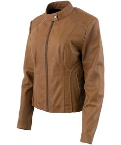 Xelement B91058 Women's ‘Keeper’Cognac Leather Scuba Style Jacket With Snap Mandarin Collar