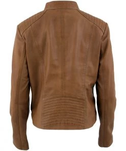 Xelement B91058 Women's ‘Keeper’Cognac Leather Scuba Style Jacket With Snap Mandarin Collar