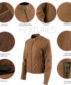 Xelement B91058 Women's ‘Keeper’Cognac Leather Scuba Style Jacket With Snap Mandarin Collar