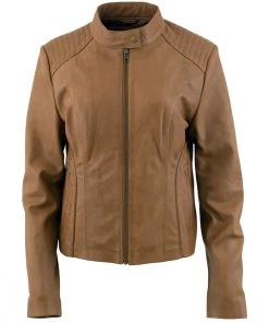Xelement B91058 Women's ‘Keeper’Cognac Leather Scuba Style Jacket With Snap Mandarin Collar