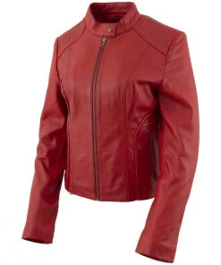 Xelement B91066 Women's ‘Keeper’ Red Leather Scuba Style Jacket With Snap Mandarin Collar Leather Motorcycle Jackets