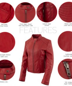 Xelement B91066 Women's ‘Keeper’ Red Leather Scuba Style Jacket With Snap Mandarin Collar Leather Motorcycle Jackets