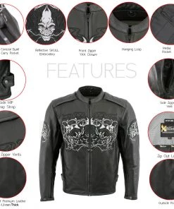 Xelement B95010 Men's 'Bones' Black Armored Cruiser Motorcycle Jacket With Reflective Skulls Leather Motorcycle Jackets