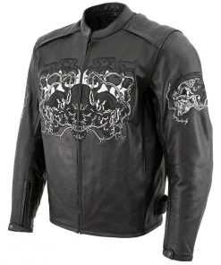 Xelement B95010 Men's'Bones' Black Armored Cruiser Motorcycle Jacket With Reflective Skulls Leather Motorcycle Jackets