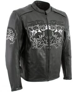 Xelement B95010 Men's 'Bones' Black Armored Cruiser Motorcycle Jacket With Reflective Skulls Leather Motorcycle Jackets